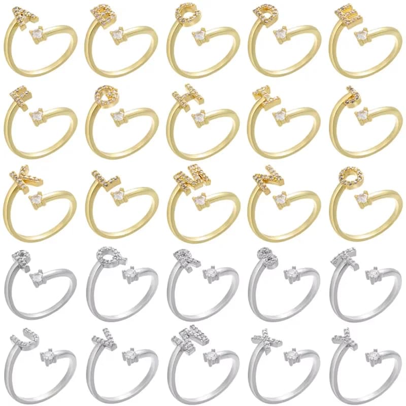 ZHUKOU-Bagues en cristal CZ avec initiales de l'alphabet pour femme, bague ouverte réglable, couleur or, 26 lettres, bijoux en gros, VJ59