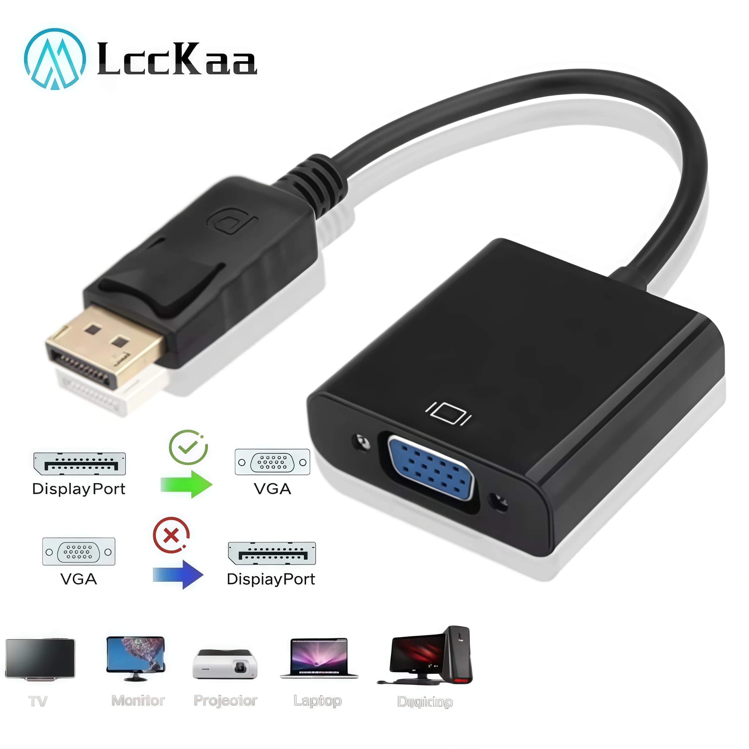 LccKaa DisplayPort Display Port DP vers VGA câble adaptateur convertisseur mâle vers femelle pour PC ordinateur portable HDTV moniteur projecteur