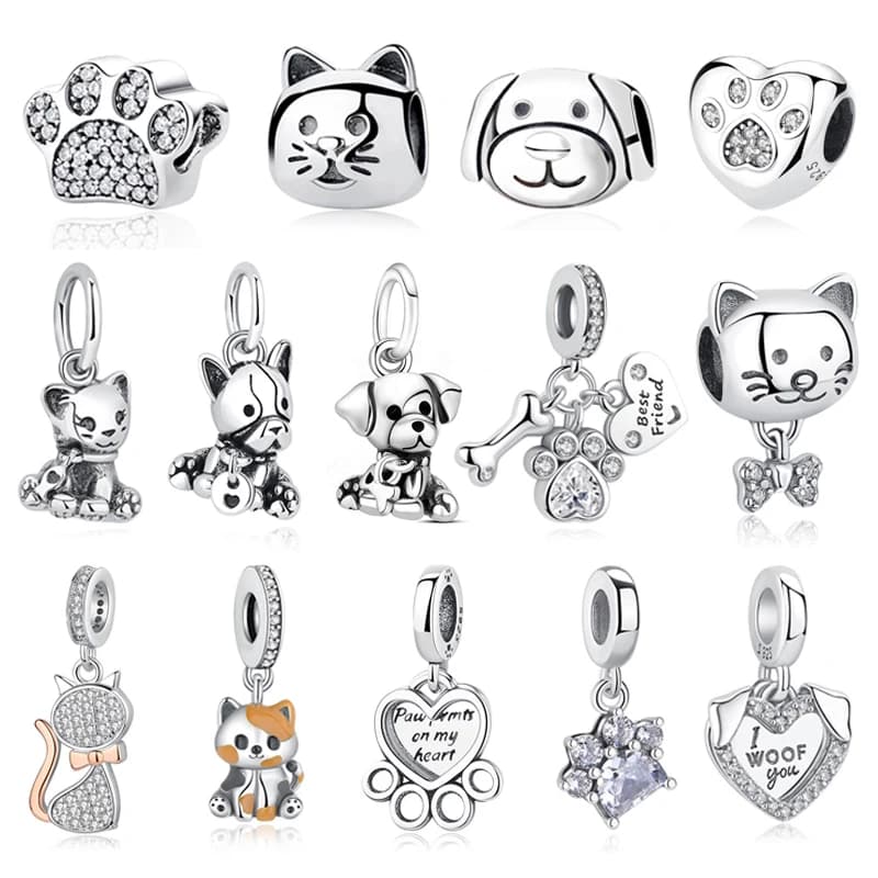 Breloques originales en argent Sterling 925, pendentif d'amour imprimé patte de chien et de chat, perles adaptées à la marque, bracelets et colliers, bijoux à faire soi-même pour femmes