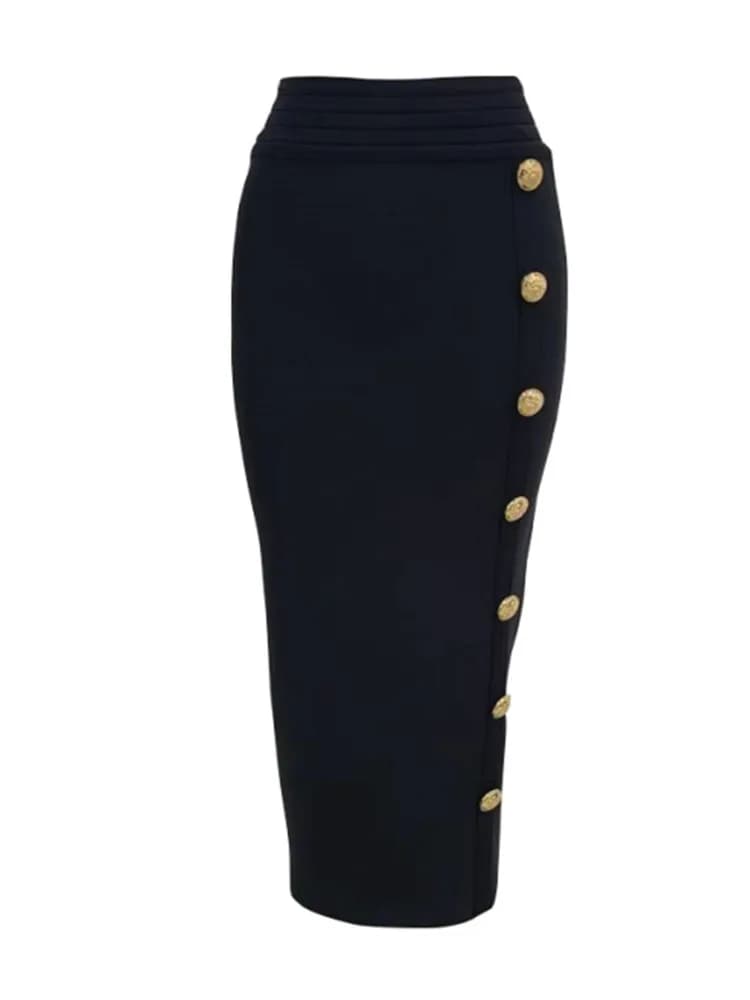 Nouveauté femmes bouton noir bleu rouge moulante jupe de pansement 2024 concepteur taille haute haute rue fête Club jupe crayon 75 cm