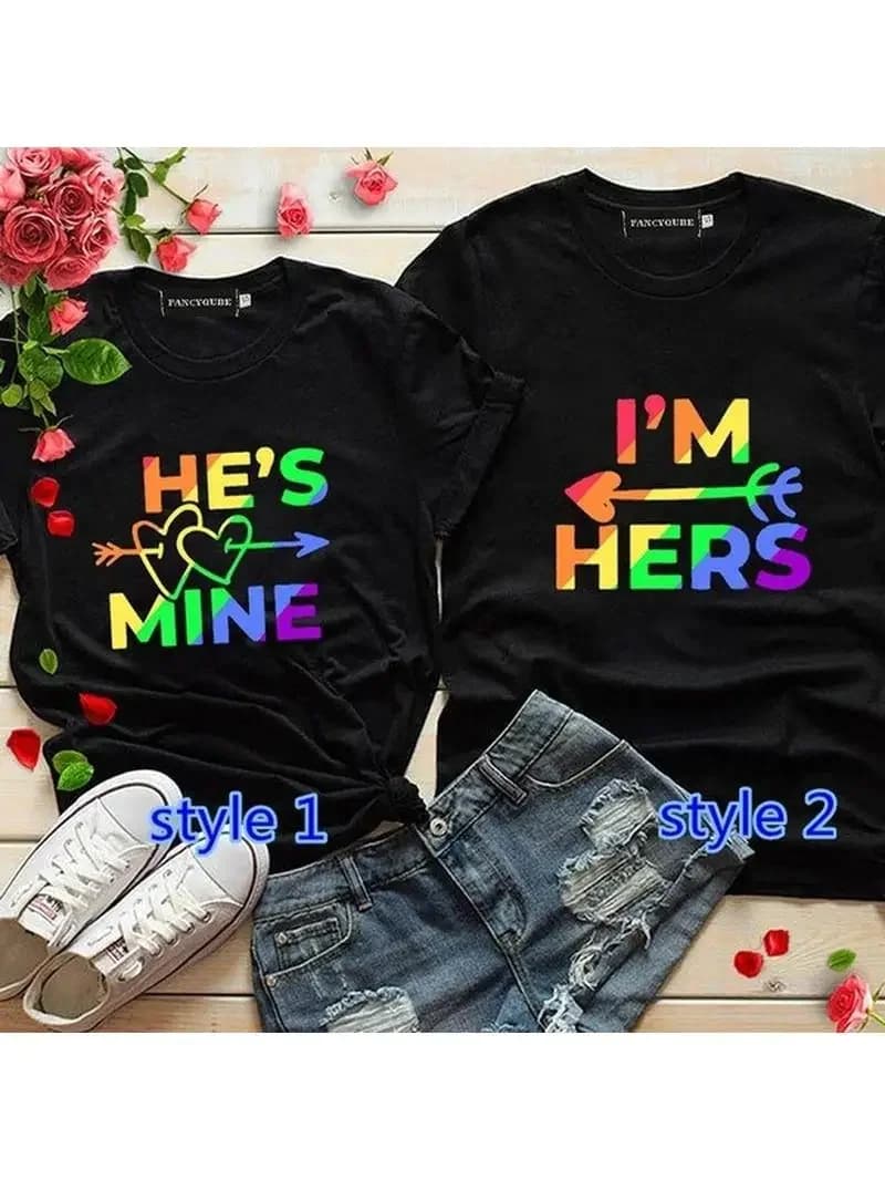 T-shirt à col rond imprimé King Queen pour femmes, T-shirt pour couples, T-shirt décontracté pour amoureux, Mode estivale, Im Hers Hes Relief