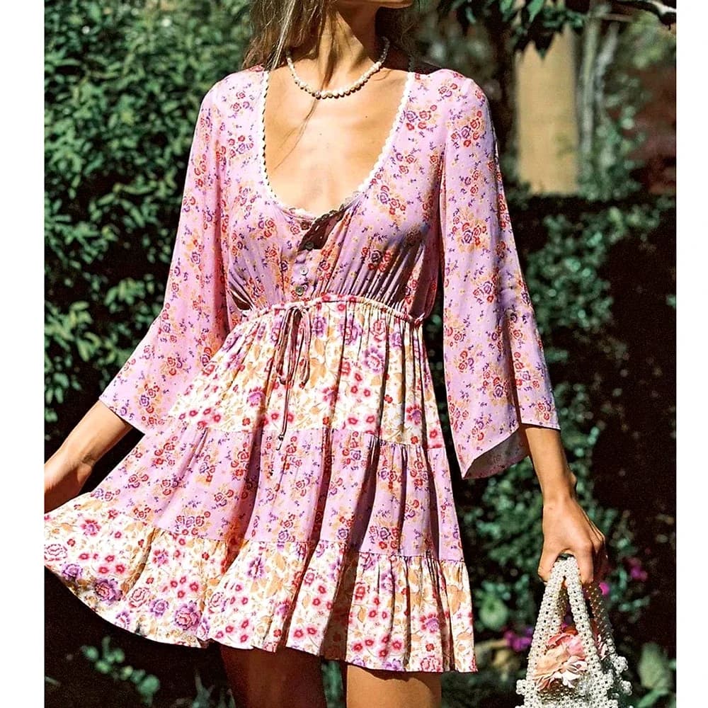 GypsyLady – Mini robe à fleurs Vintage pour femmes, rose, style Boho, manches évasées, Sexy, vacances, été, 2021