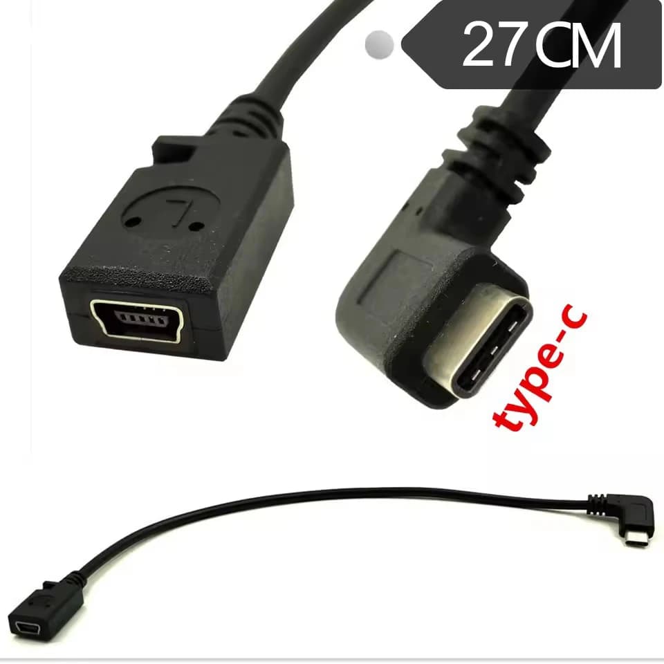 Câble de chargement USB-C à angle droit, Duttek USB 3.1 Type C mâle vers Mini USB (Mini B) câble convertisseur femelle 0.27m