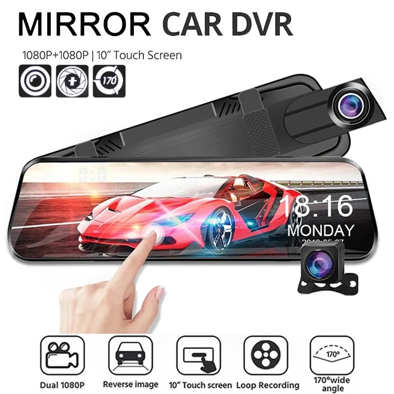 Caméra Embarquée Rétroviseur 10'' Double Enregistrement 1080P, Vision Nocturne, Surveillance 24h/24 avec Caméra de Recul pour Voiture/SUV