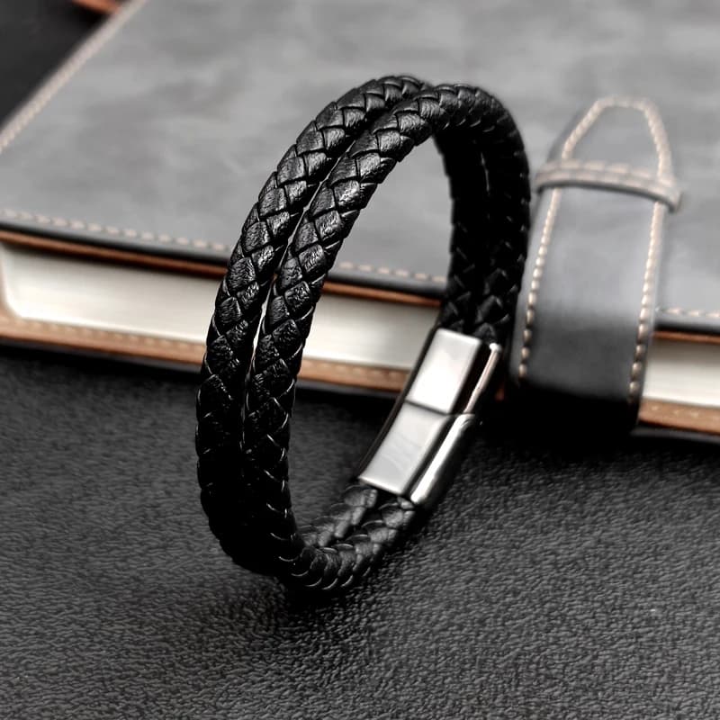 Mingao MF Double cuir tressé en acier inoxydable hommes et femmes Bracelets avec breloque noire/marron fermoir magnétique accessoires personnalisés