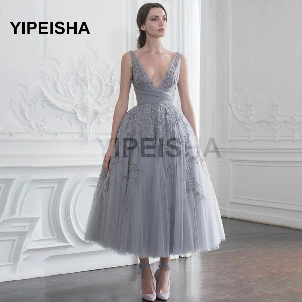 Robes De soirée grises personnalisées Robe courte à perles robes De bal élégantes Robe formelle Vintage Robe De soirée