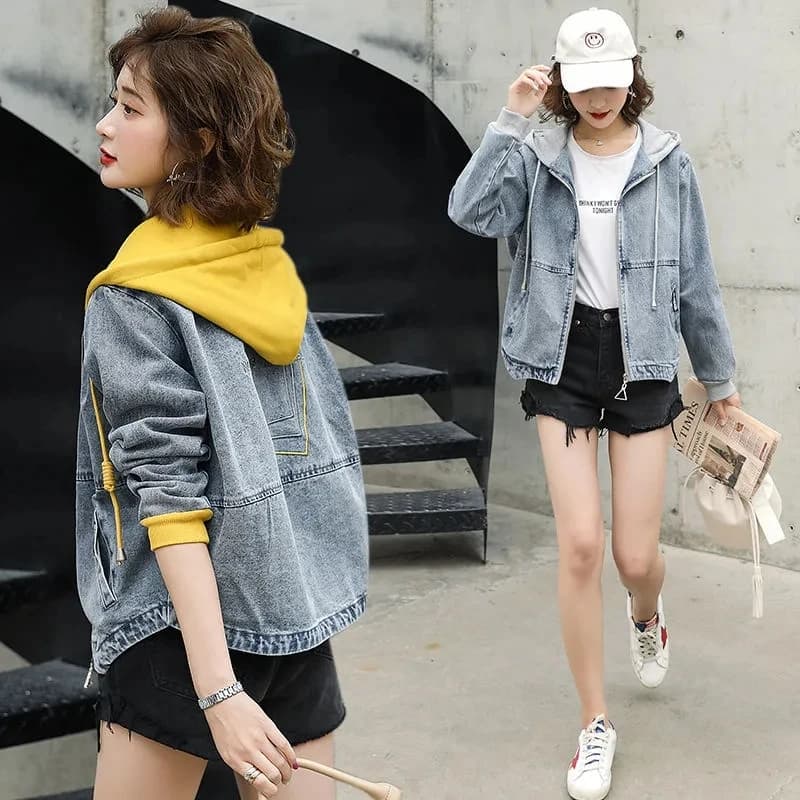 Blouson en Denim pour femme, faux deux pièces, ample, court, à capuche, à la mode, Version coréenne, printemps, A77, 2021