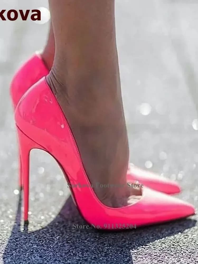 Surkova 12 cm talon haut coupe peu profonde robe pompes rose vif rouge en cuir verni chaussures de mariage bout pointu taille 45 talons de fête 10 cm 8 cm
