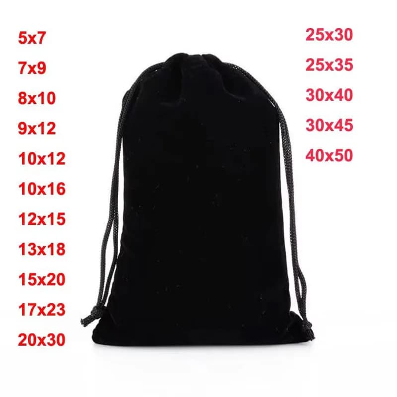 50pcs / lot noir Grand sac en velours cordon cadeau sac bijoux mariage partie réception sac d'emballage personnalisé logo imprimé