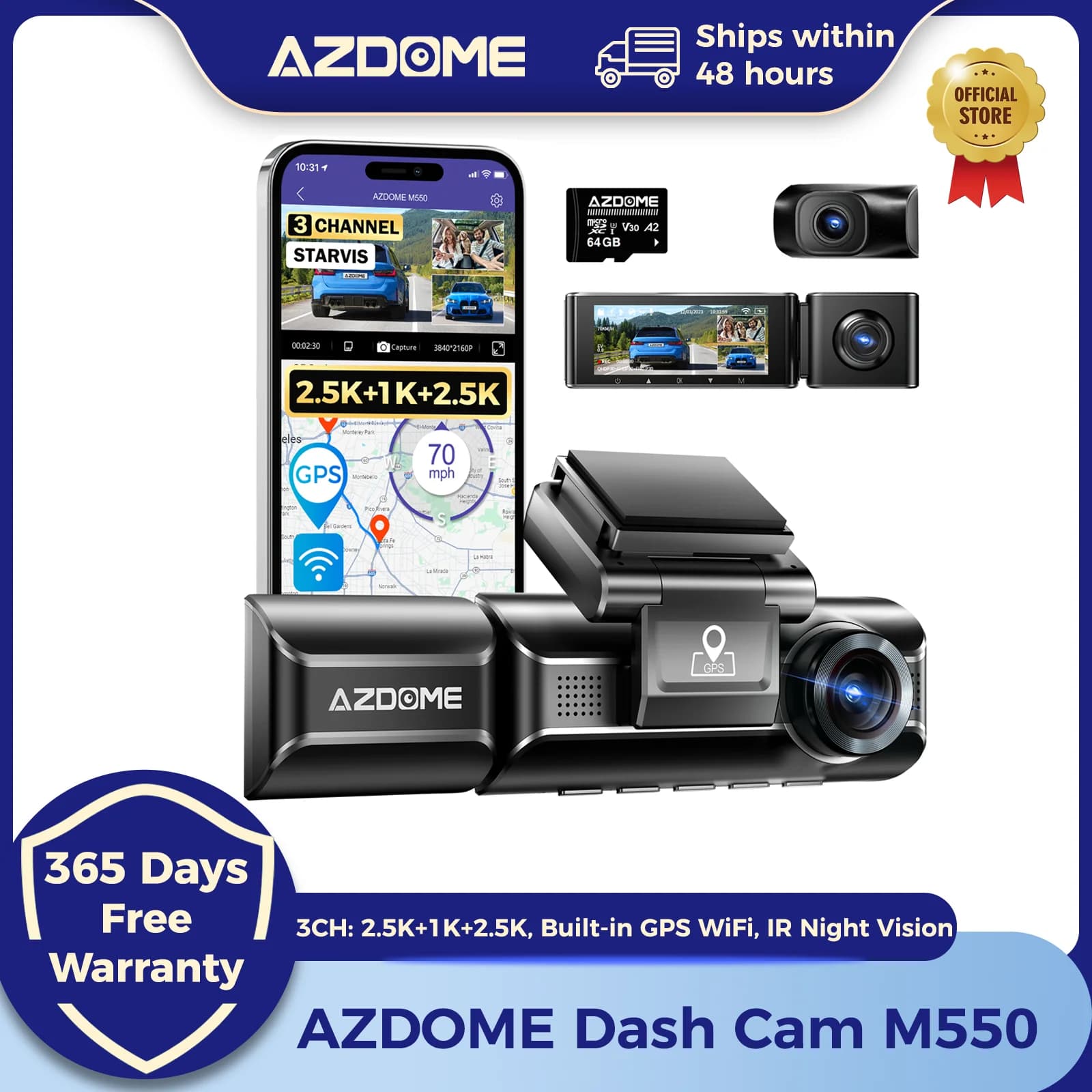 AZDOME-Caméra de Tableau de Bord M550 4K + 2.5K, GPS Intégré, WiFi, Avant, Nik, Arrière, 3 Voies, IR, Vision Nocturne, Support DVR
