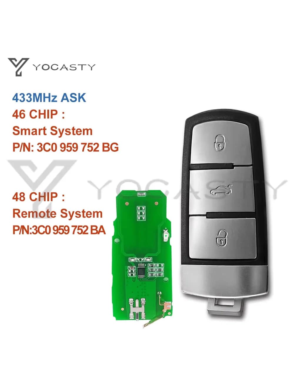 Clé de voiture intelligente avec puce YOCASTY 433MHz ID46/ID48, pour VW Passat B6 3C B7 2004-2015Magotan CC 3C0959752BG 3C0959752B, 3 boutons