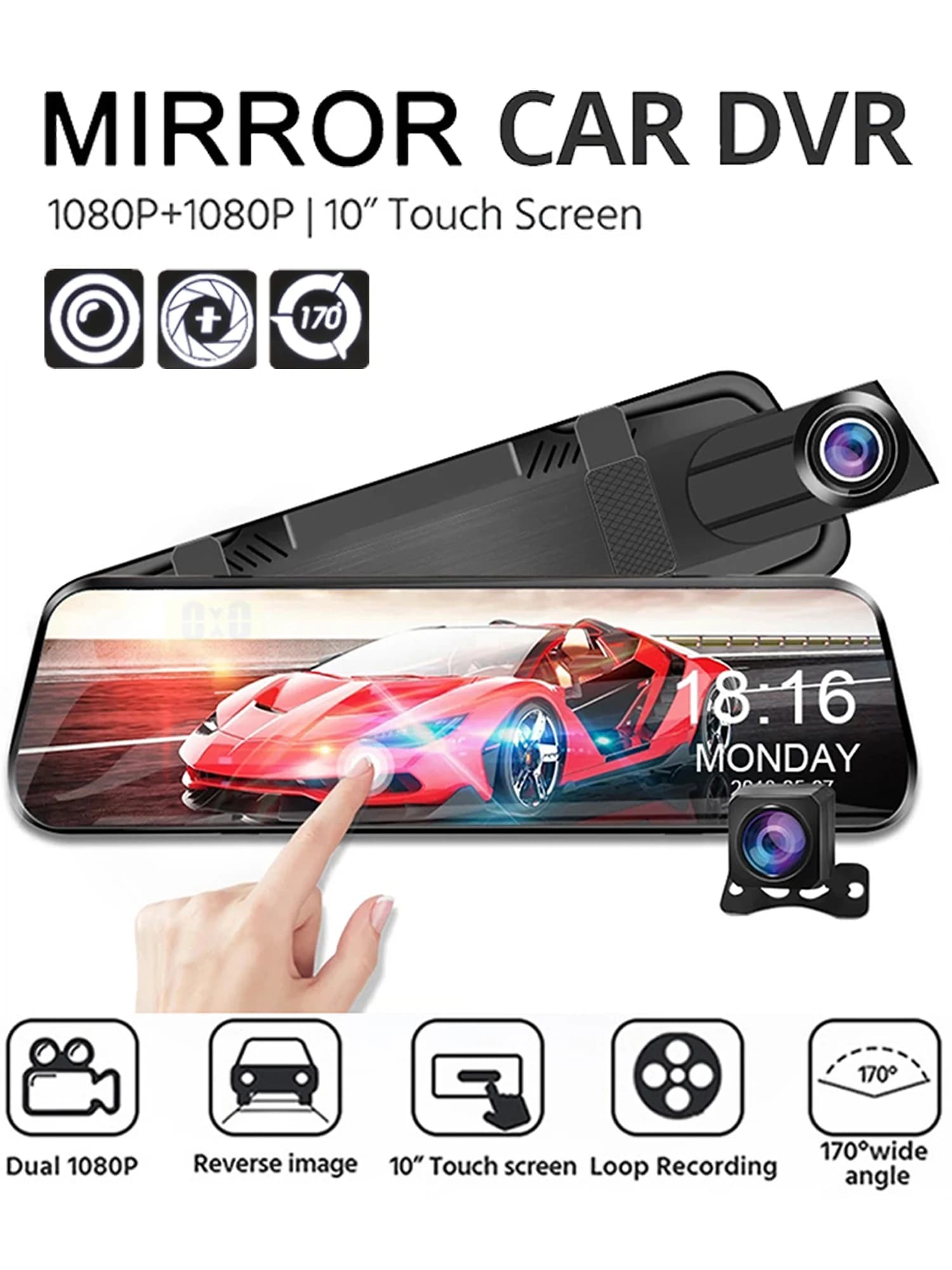 Caméra Embarquée Rétroviseur 10'' Double Enregistrement 1080P, Vision Nocturne, Surveillance 24h/24 avec Caméra de Recul pour Voiture/SUV