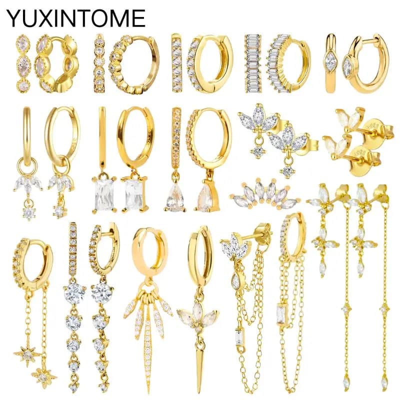 Zcompresses-Boucles d'oreilles créoles en argent regardé 925, pendentif en or, croix, étoile, fleur, goutte d'eau, bijoux de luxe, document blanc