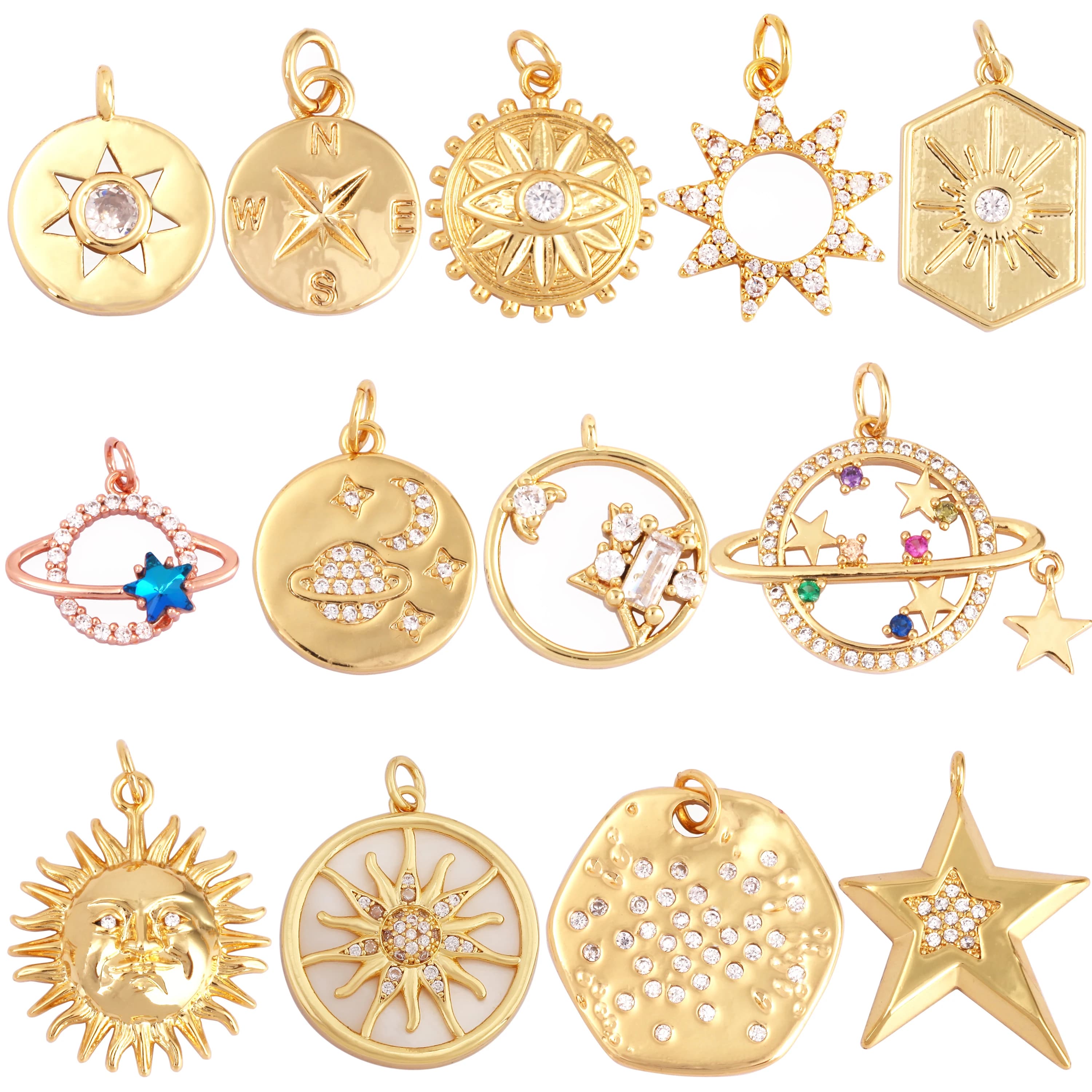 Pendentif à breloque boussole céleste, couleur or, collier bijoux, bracelet, fournitures de direction, soleil, lune, étoile, espace, L93