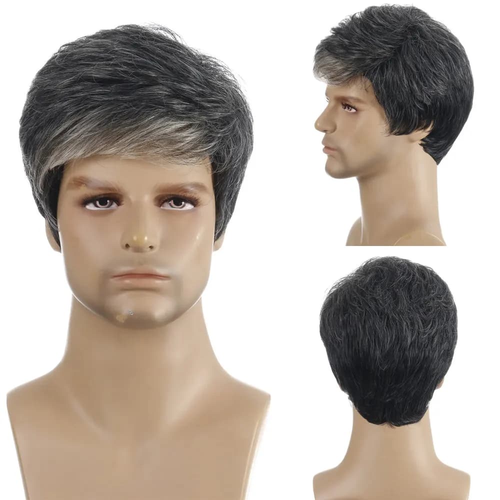 SQRDGQ perruque synthétique courte lisse pour hommes perruques naturelles pour hommes cheveux raides Ombre gris noir perruques hommes