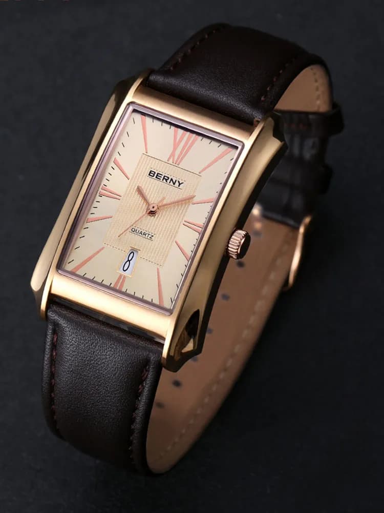 BERNY montre pour hommes Rectangle japon Quartz montre-bracelet étanche affaires rectangulaire robe mâle horloge haut bracelet en cuir véritable