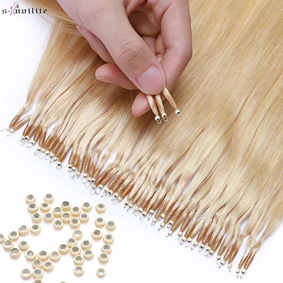 S-noilte-Extensions de cheveux humains droites, CharacterRings, Micro Links, Micro Bead, Pré-collé, 16-24 ", Naturel, Blonde, 1g, Brin, 50Pcs