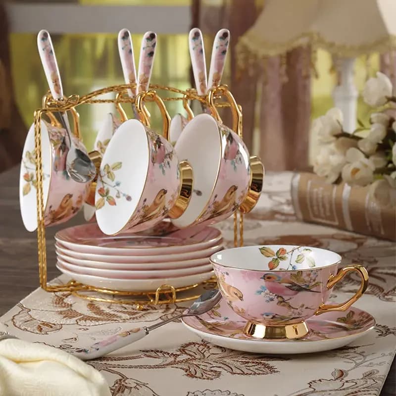 Sophia-Ensemble de tasses à café en porcelaine oiseau rose, pot en céramique avancé, tasse, sucrier, crémier, théière, pichet à lait, service à thé