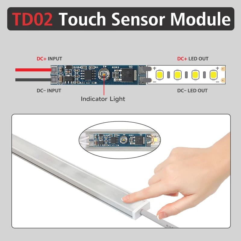 Interrupteur tactile à capteur de lumière LED 12V 24V 8A 96W pour éclairage de meuble avec variateur