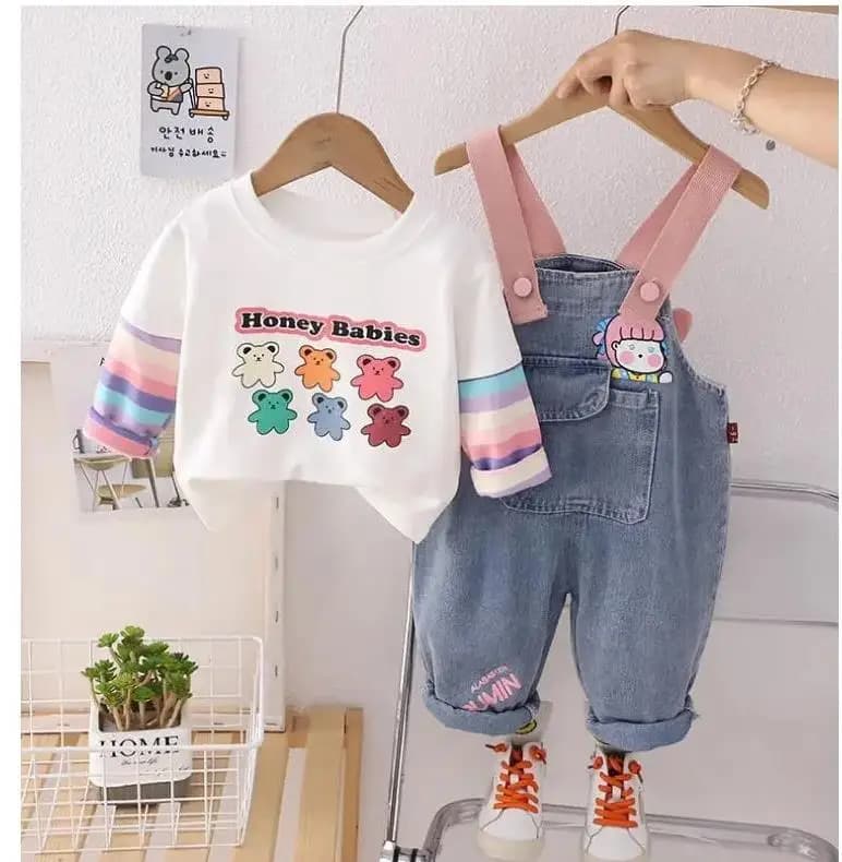 T-shirt et salopette rayé à manches longues pour fille