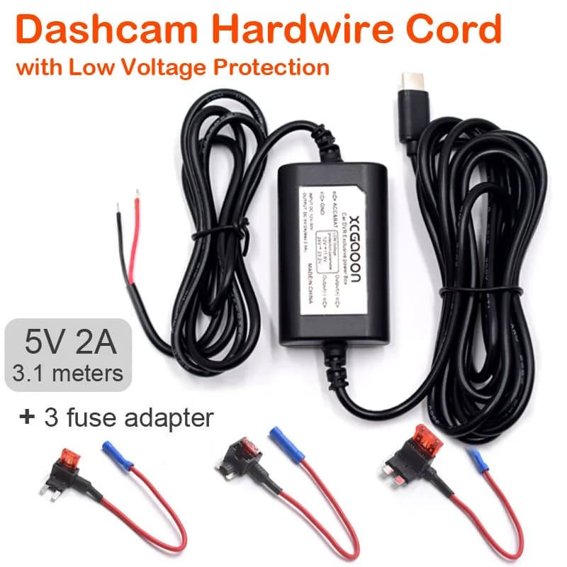 Kit de câblage direct pour caméra embarquée 5V 2A, caméscope de voiture, DVR, câble d'alimentation avec mini micro USB Type-C, 3,1 mètres, charge automatique