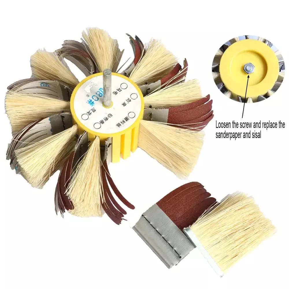 Roue de polissage à poils en sisal et toile émeri montée sur tige de 150 mm x 6 mm pour ponçage de primaire sur bois, grain 80/120/180/240/320/400