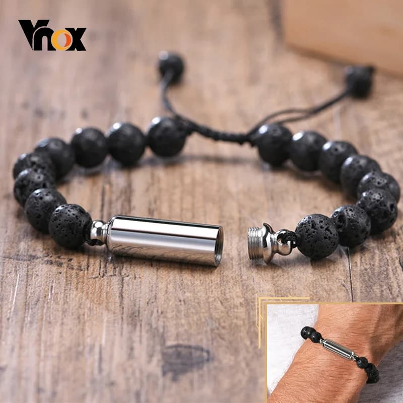 Vnox Bracelets d'urne en perles de pierre de lave décontractées pour hommes pour cendres, bijoux commémoratifs souvenir de crémation en tube creux, longueur réglable