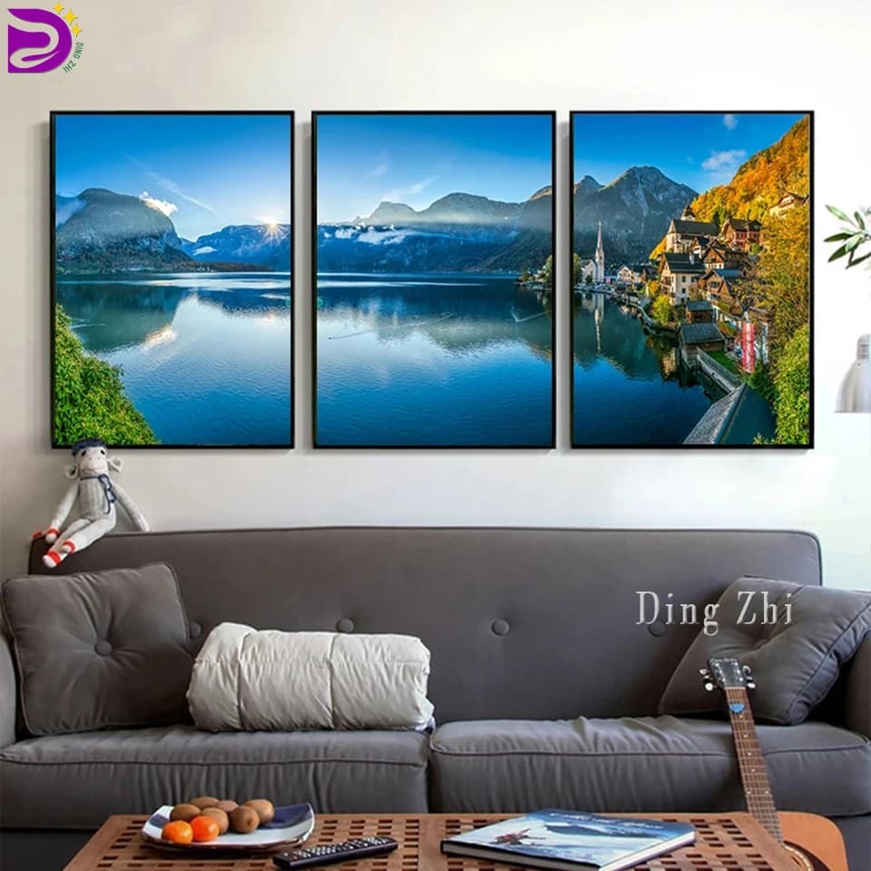 Kit de peinture au diamant bricolage, broderie au point de croix, mosaïque au diamant, paysage naturel, lac, village, dolomites, triptyque moderne, 3 pièces