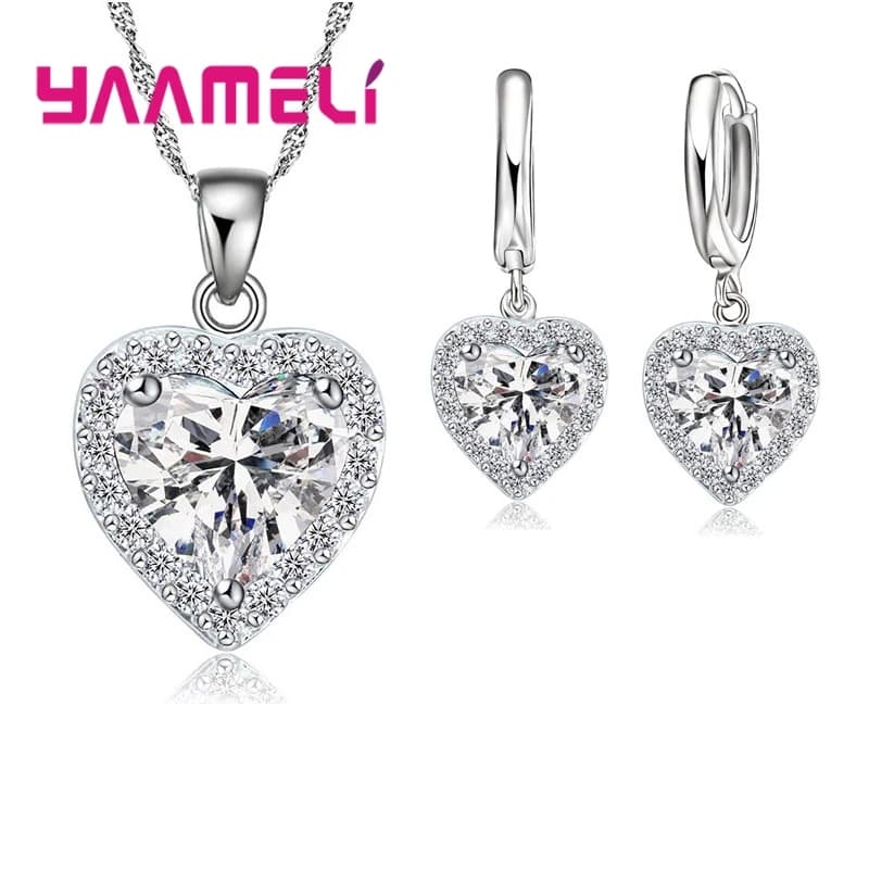 Fine 925 en argent Sterling ensemble de bijoux pour les femmes mariée mariage coeur autrichien cristal colliers boucles d'oreilles ensemble saint valentin