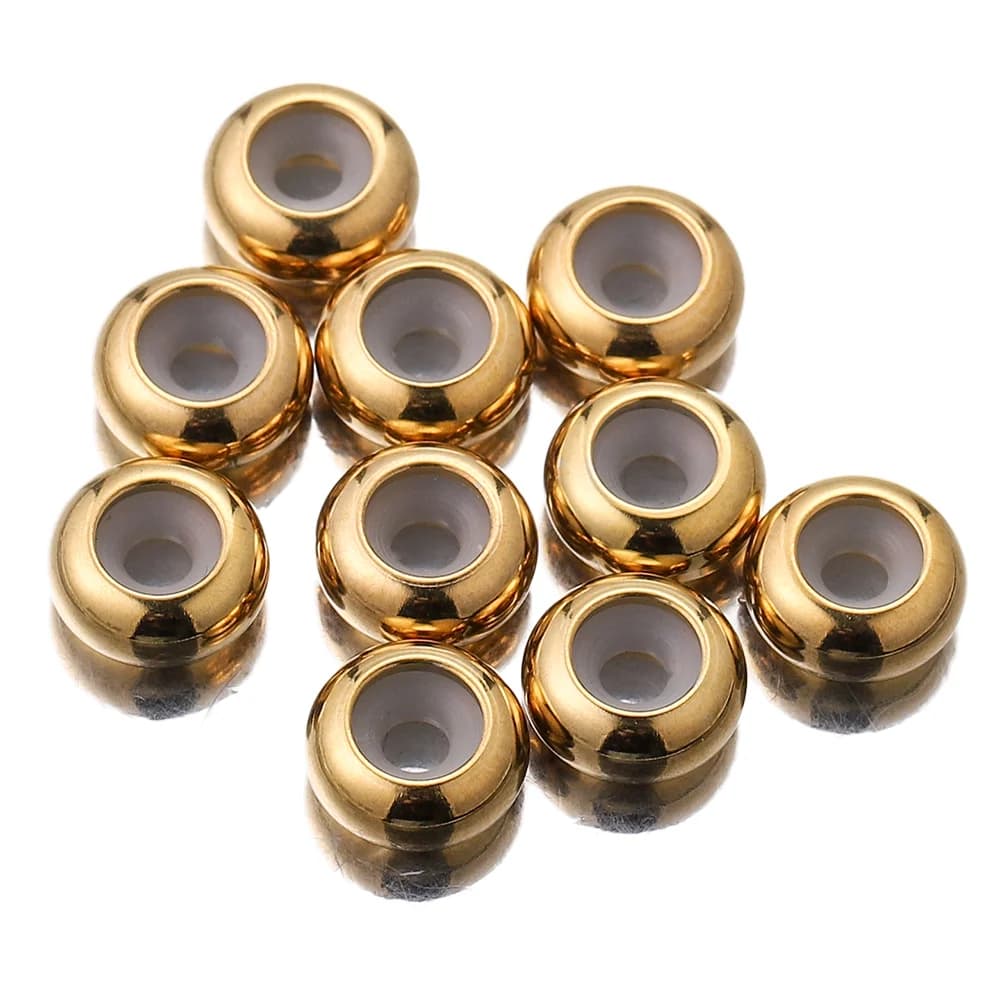Bouchon rond européen en acier inoxydable plaqué or, 10 pièces, Clip en caoutchouc de Silicone, perle d'espacement lisse, idéal pour Bracelet, bijoux à faire soi-même