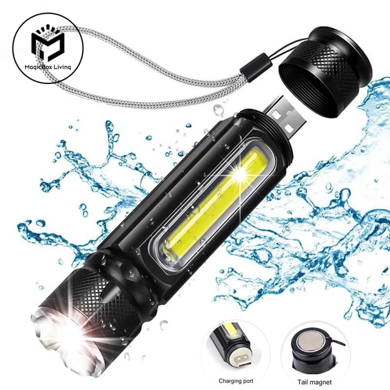 T6 lumière forte LED Usb lampe de poche Rechargeable torche magnétique Lanter Zoomable lampe de poche COB Zoom mettre en évidence éclairage extérieur