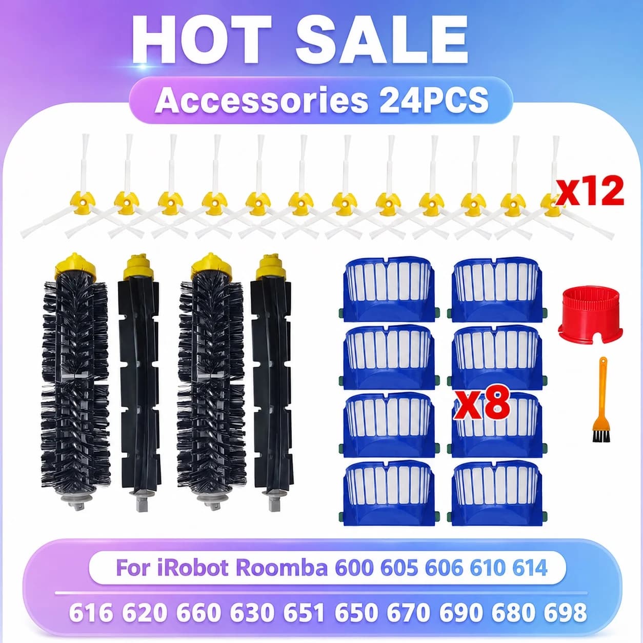 Compatible avec iRobot Roomba Série 600 605 614 620 660 630 631 650 651 655 660 671 680 691 692 694 697 698 585 595 Pièces de Rechange Accessoires Brosse Principale Latérale Filtre HEPA