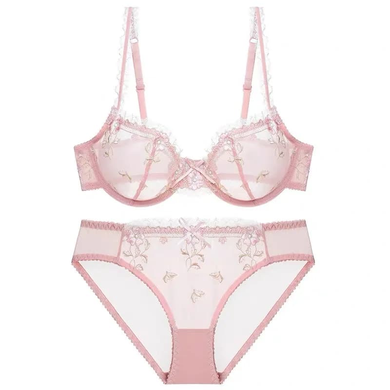 Logirlve Ensemble de lingerie sexy en dentelle transparente ultra-fine rose lotus avec broderie exquise pour femmes