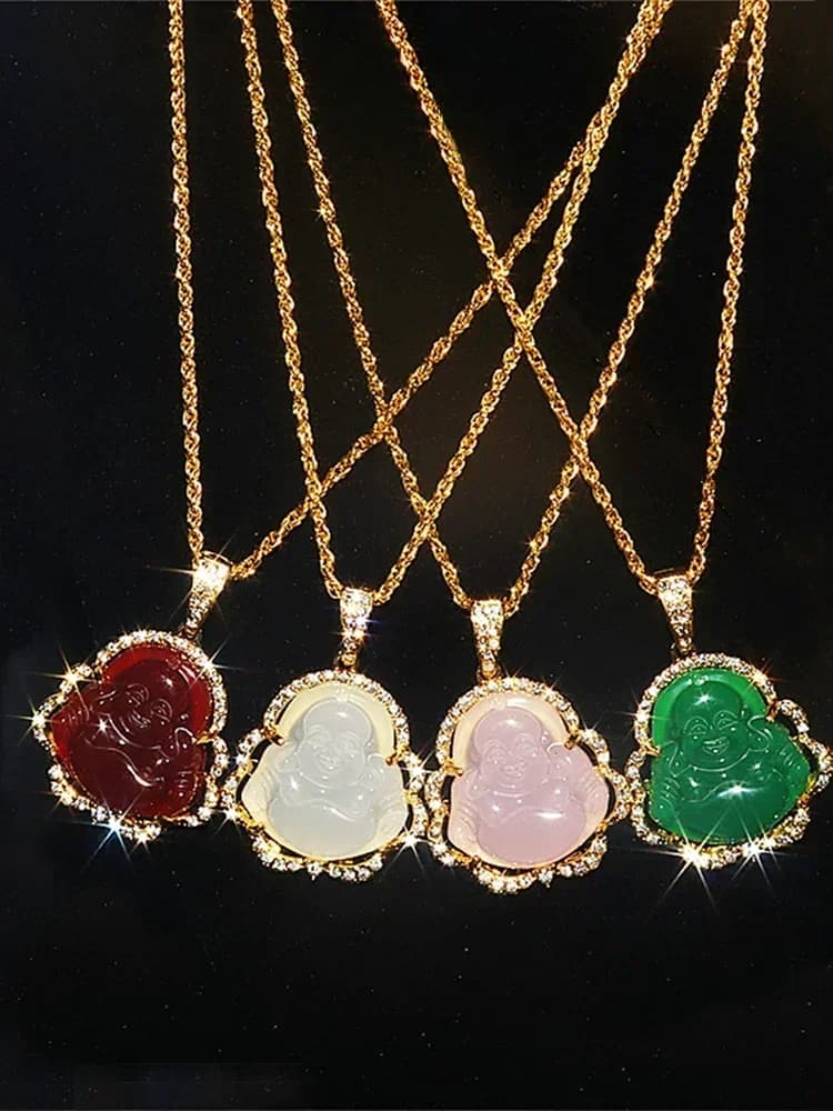 Collier avec pendentif bouddha Maitreya incrusté de Base en cristal de Zircon brillant, amulette porte-bonheur pour dames, bijoux de Fortune