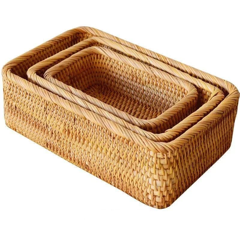 Panier de rangement rectangulaire en rotin et osier, vaisselle, pique-nique, fruits, collation, pain, cosmétique, boîte de rangement de bureau