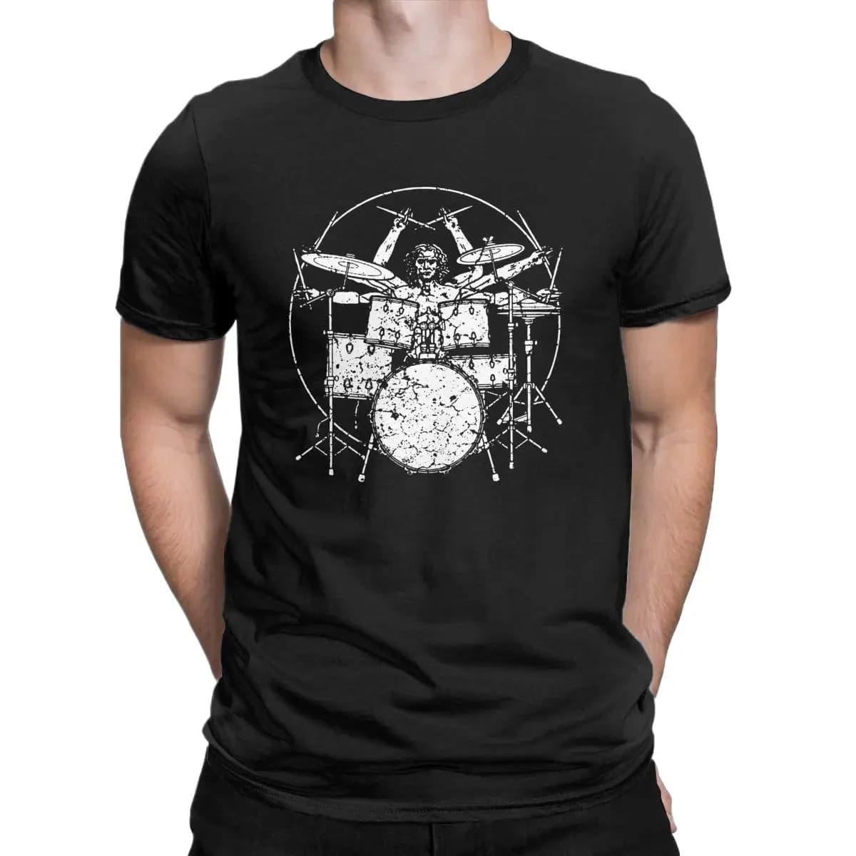 Homme de Vitruve joue de la batterie Da Vinci T-Shirt hommes Humor pur coton t-shirts col rond à manches courtes T-Shirt idée cadeau vêtements