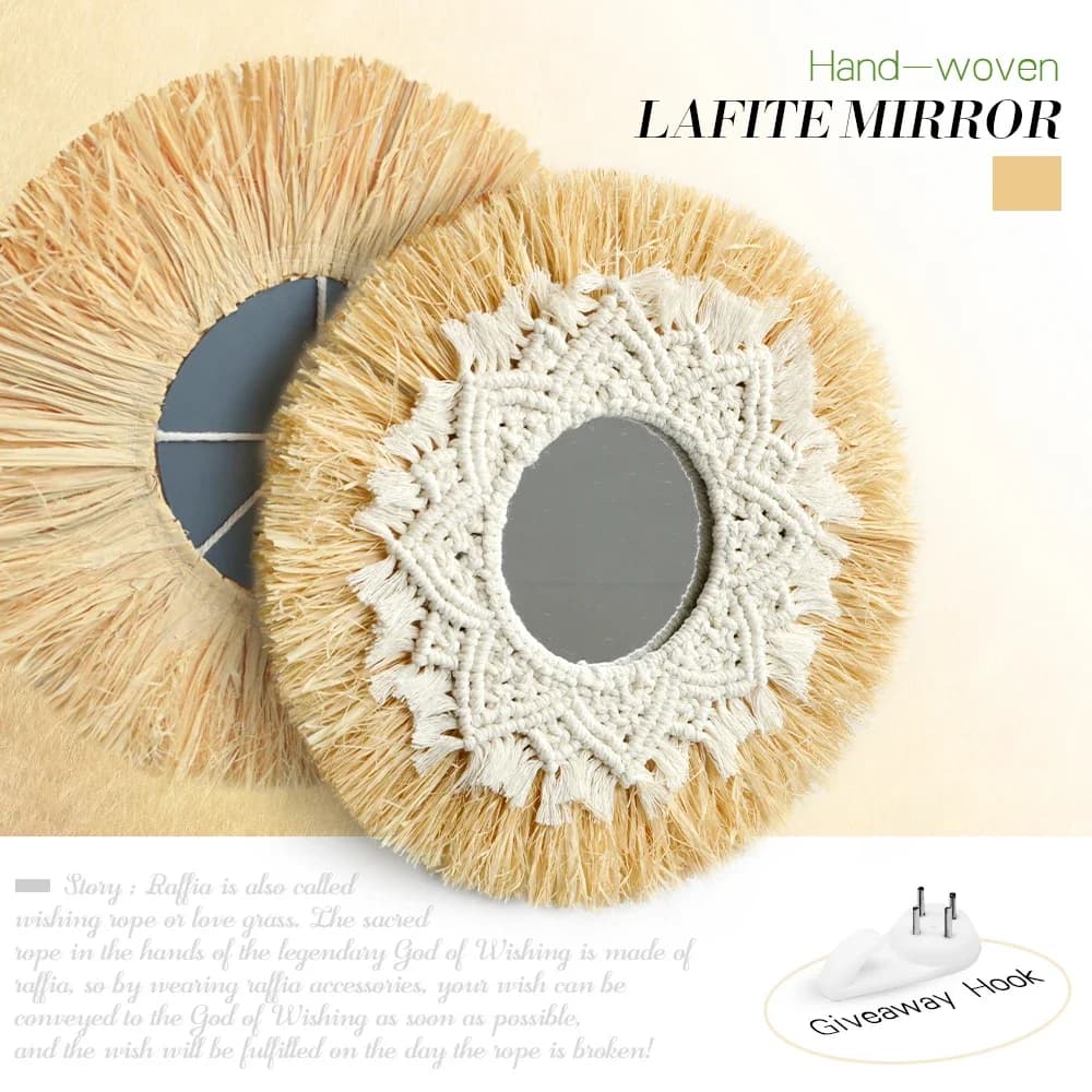 Boho décoration de la maison paille tissé à la main miroir décoration murale décoration de la maison miroirs chambre macramé tenture murale