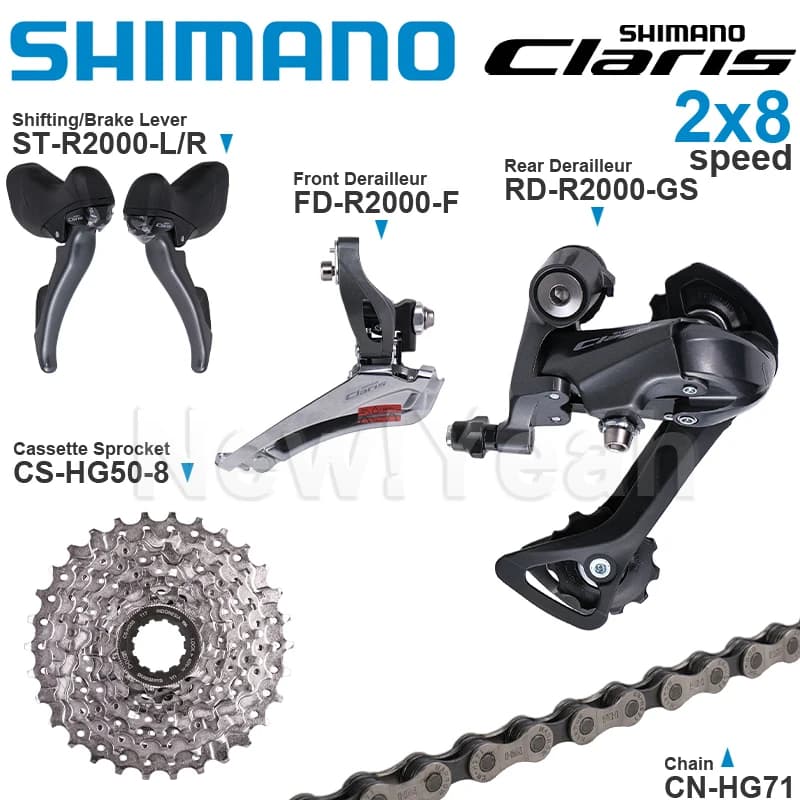 Groupe de transmission SHIMANO CLARIS R2000 2x8 vitesses ST-R2000 FD-R2000 RD-R2000 et cassette CS-HG50-8 chaînes CN-HG71 d'origine