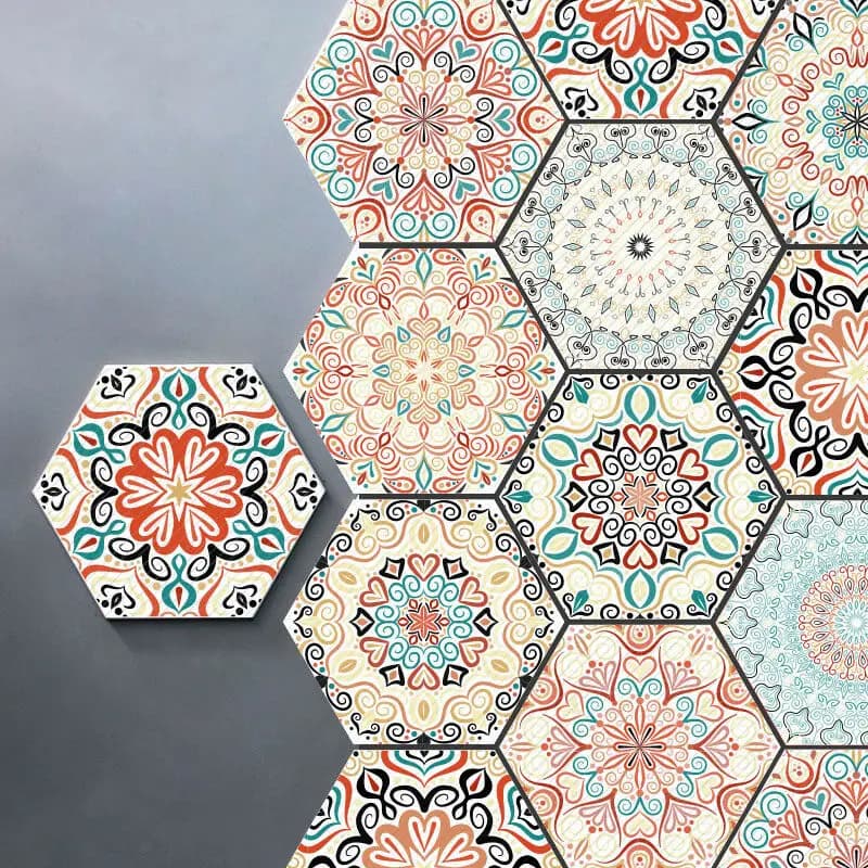 Autocollants de carreaux auto-adhésifs de style marocain, hexagonal, ethnique, mandala, sol, mur, cuisine, HOKitchen, 10 pièces