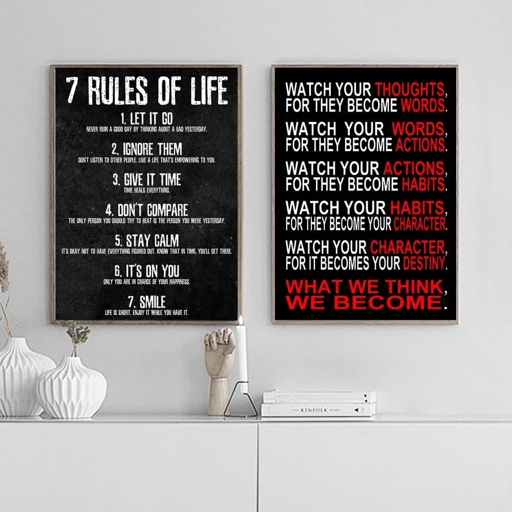 7 règles de la vie, regardez vos pensées, peinture sur toile imprimée, citation de Motivation, image murale, affiche de décoration de bureau et de maison