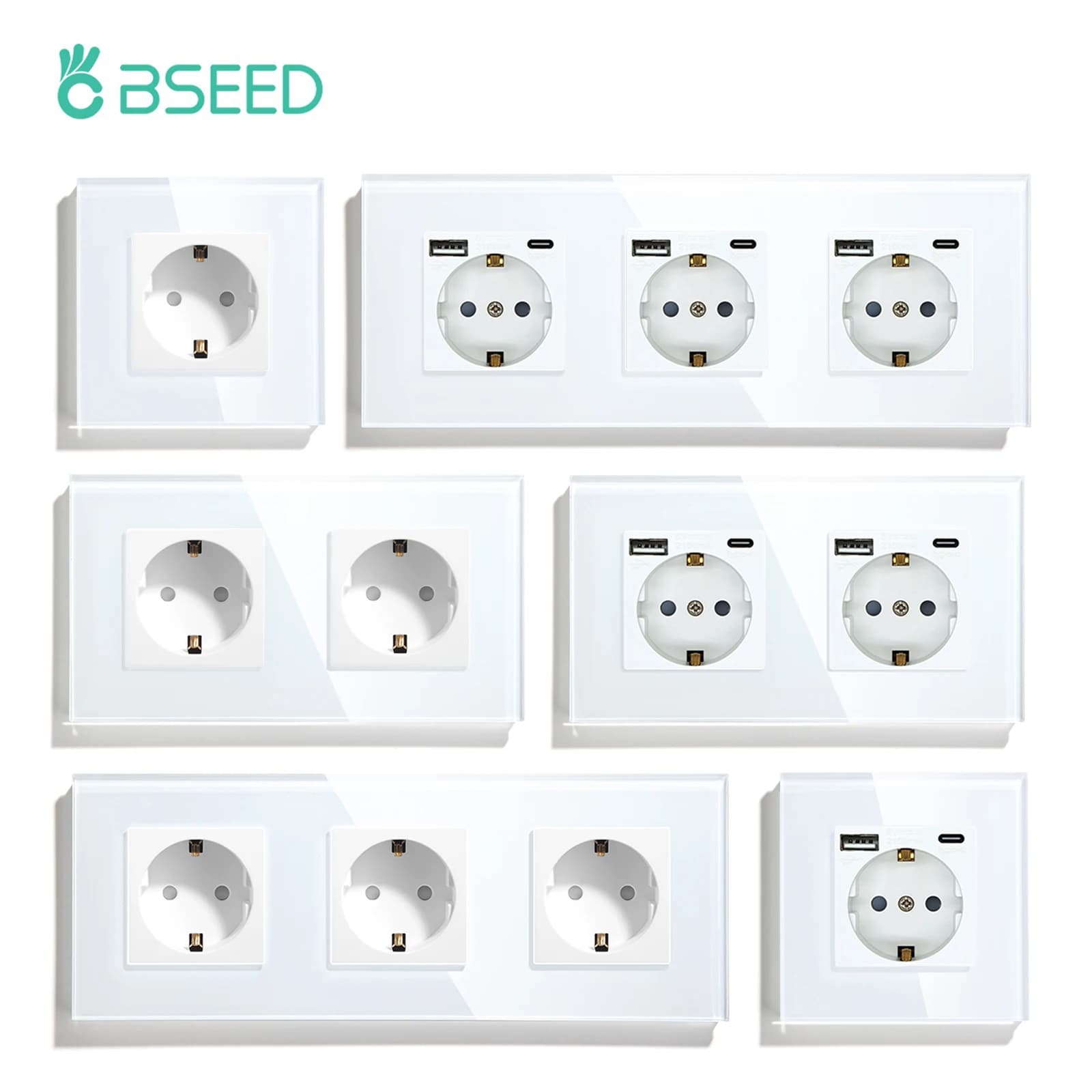 BSEED-Prises murales standard UE, prises de courant simples, prises à double cadre, panneau en verre, prises à trois prises, protection pour enfants, 16A