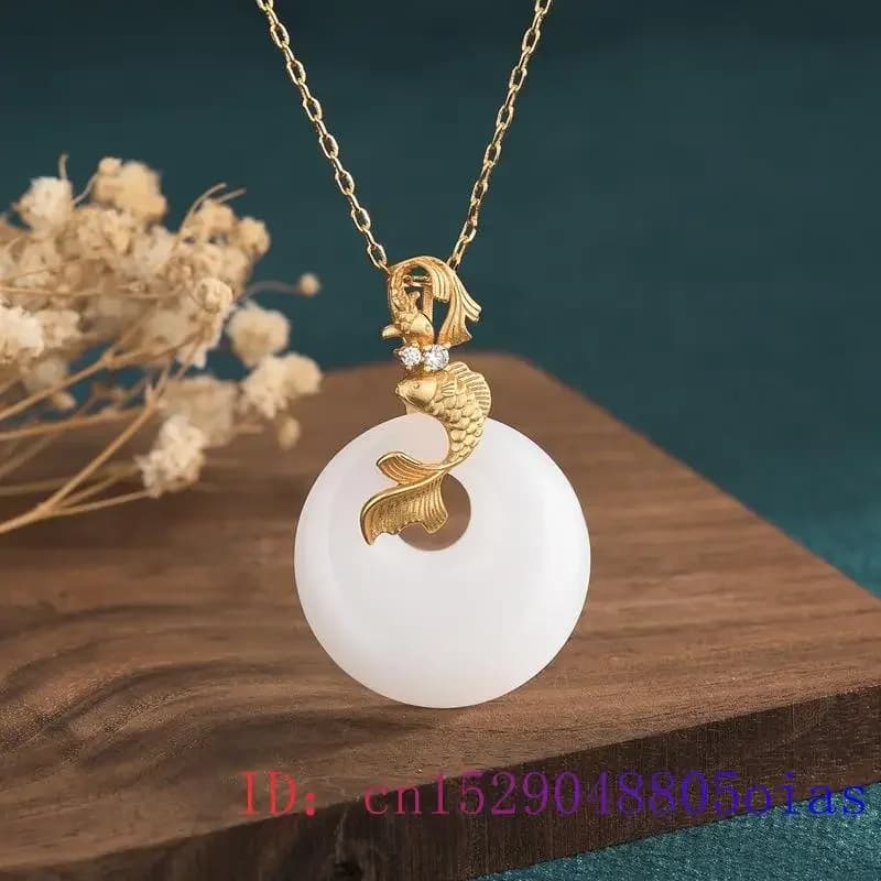 Pendentif beignet en Jade blanc, bijoux porte-bonheur naturel, pierres précieuses en Zircon, mode carpe, calcédoine, amulette pour femmes