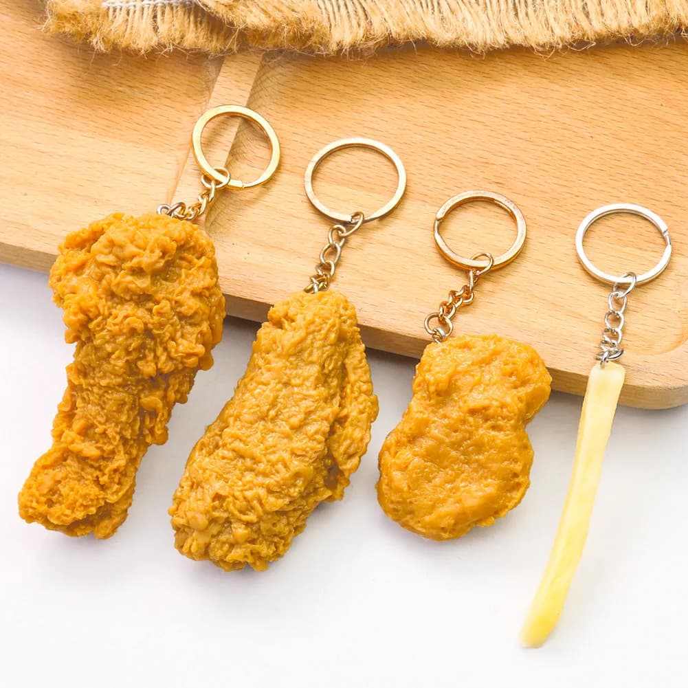 Porte-clés alimentaire de simulation : poulet frit, frites, cuisse de poulet, nuggets de poulet. Cadeau pour clients de restaurant, porte-clés pour chef cuisinier.
