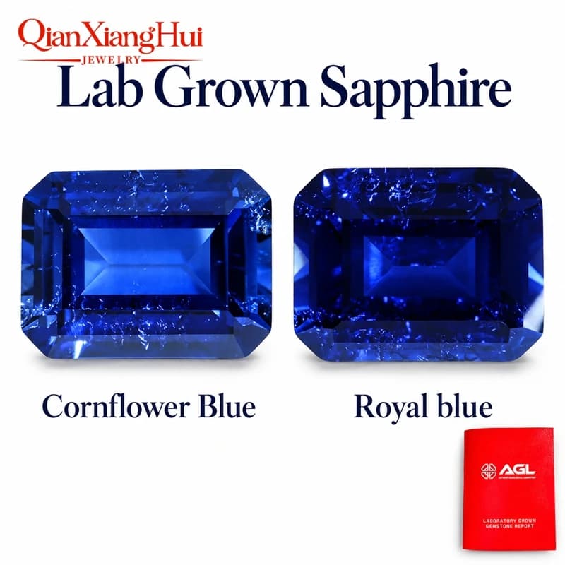 Saphir de laboratoire artificiel bleu bleuet royal, taille émeraude rectangulaire, avec des fissures et des inclusions mineures, pierre précieuse non montée
