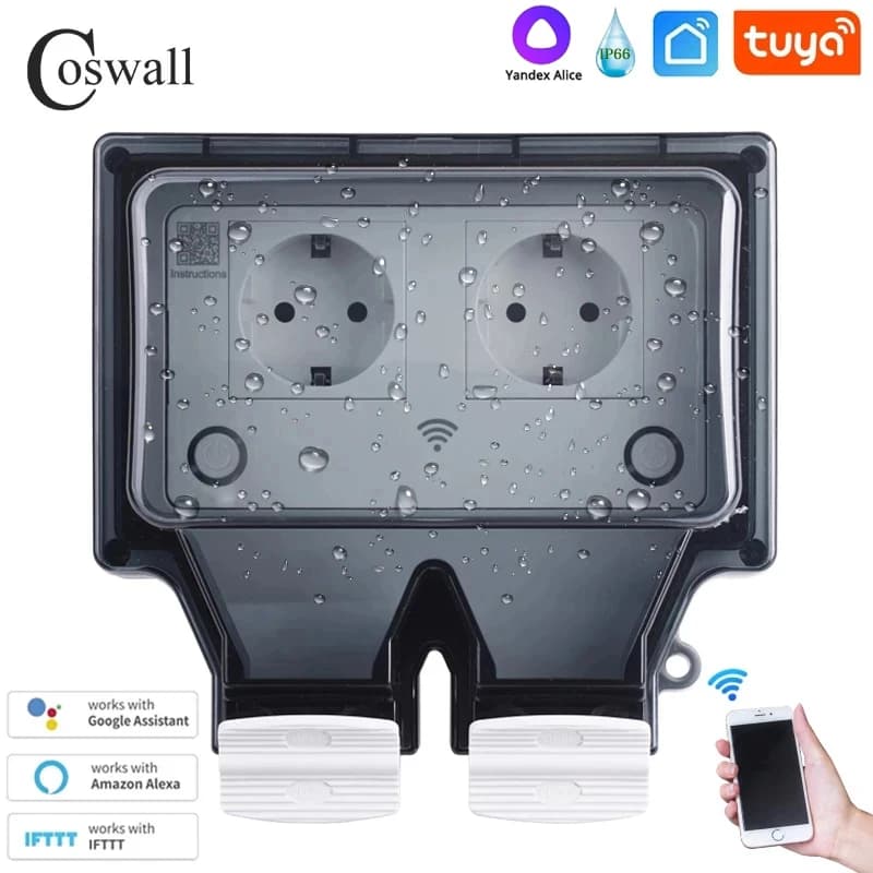 Coswall Tuya Wifi Yandex Alice IP66 étanche simple Double prise ue minuterie interrupteur Programmable travail avec Alexa Google Home
