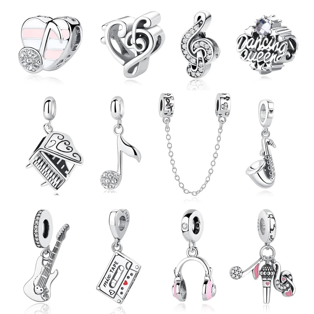 Breloques en argent Sterling 925, perles originales, Notes de musique d'amour, Piano, casque, adaptées aux Bracelets de marque, colliers, bijoux pour femmes