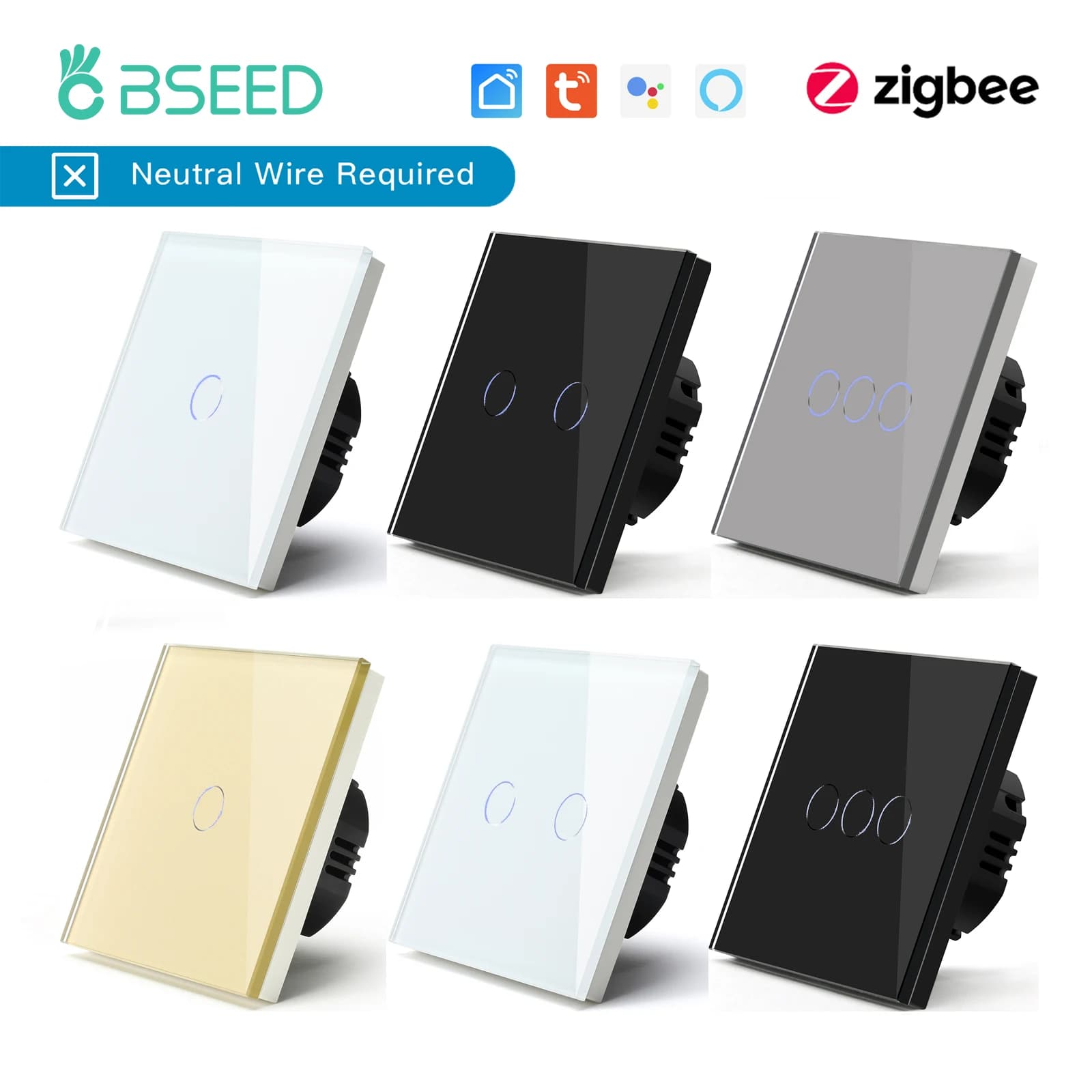 BSEED-Joli d'éclairage intelligent Zigbee, interrupteur tactile mural, contrôle d'application Tuya, Google Life, aucun fil de melon al requis, 1 gang, 2 gangs, 3 gangs