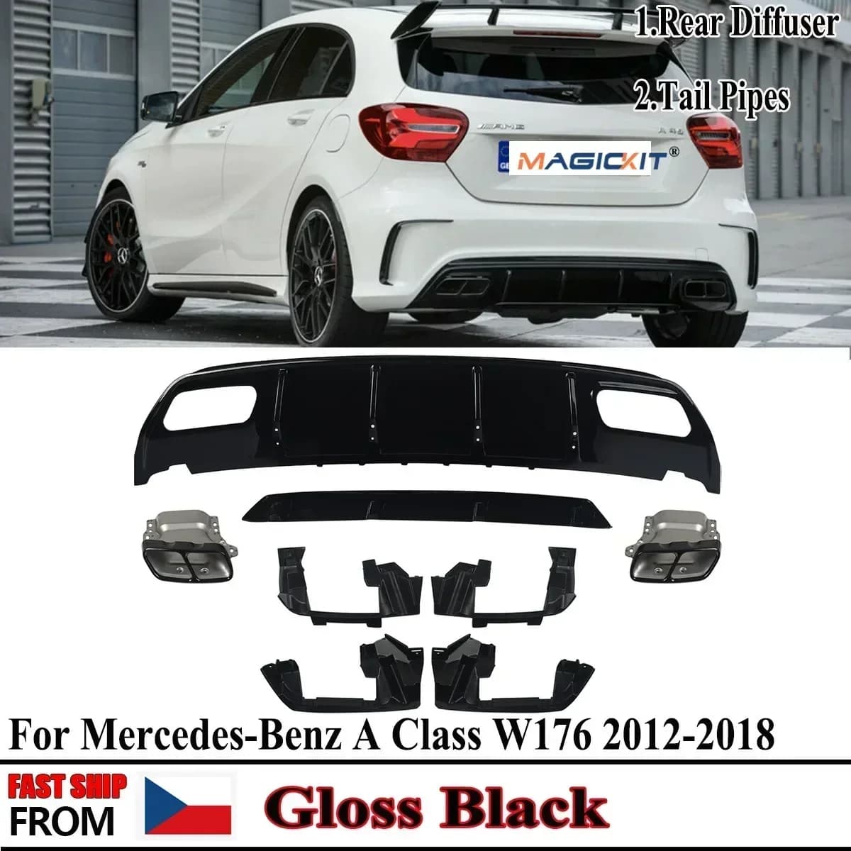 MAGICKIT-Diffuseur de pare-chocs arrière de style Jas, becquet arrière, embouts accessibles, accessoires de voiture, Mercedes Classe A 12-18 W176 A45
