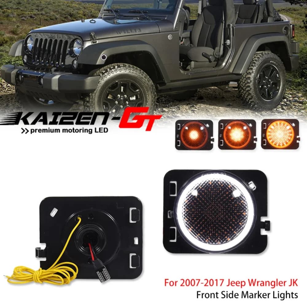 Feux LED ambre séquentiels de position latérale d’aile avant, DRL blancs/feux de conduite For Jeep Wrangler JK For Jeep Wrangler JK Unlimited 2007-2017
