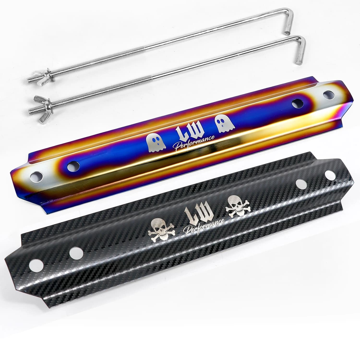 Barre de fixation de batterie en acier inoxydable de haute qualité LW, motif carbone, bleu brûlé, pour voiture universelle